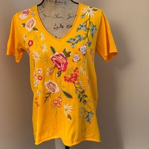 Floral Embroidered Yellow V-Neck Top